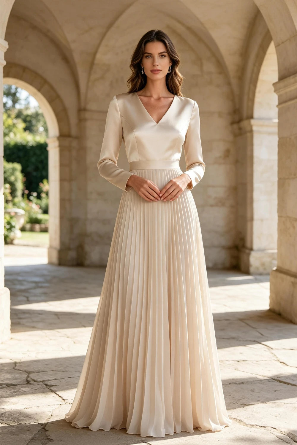 Champagne Satin Long Sleeve Knife-Pleated Chiffon Floor-Length Dress