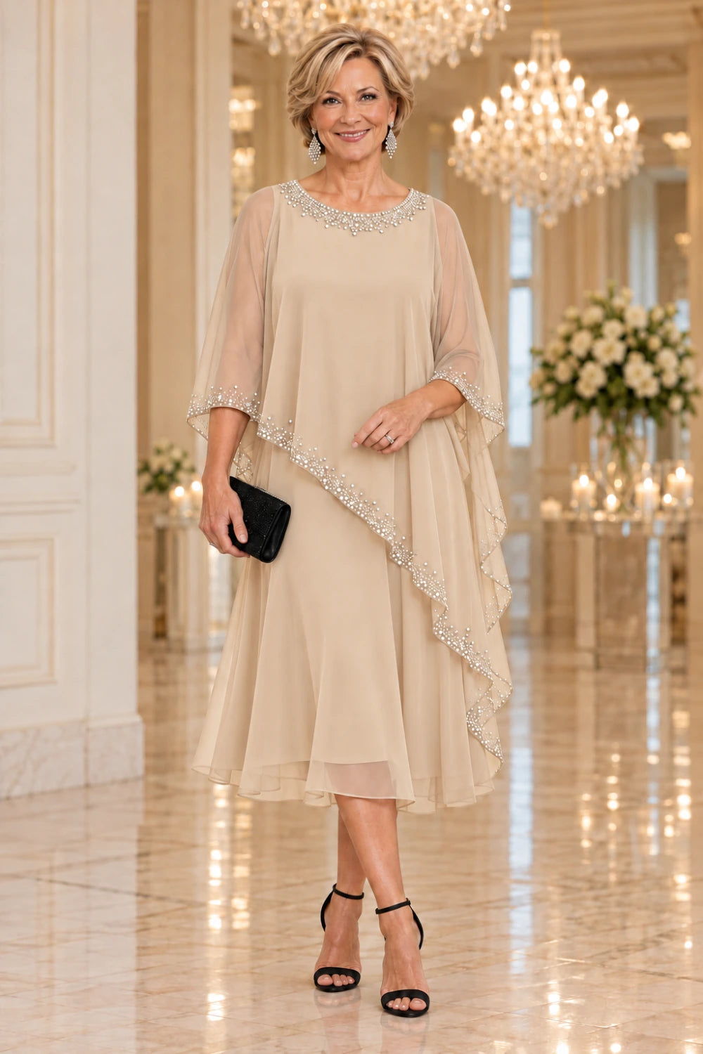 Champagne midi dress with bright round-neck trim and a diagonal waterfall cape, front view.