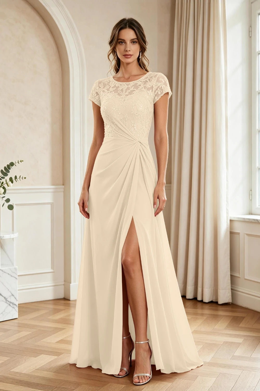 Dusty Rose Lace Cap-Sleeve Draped Chiffon Floor-Length Dress