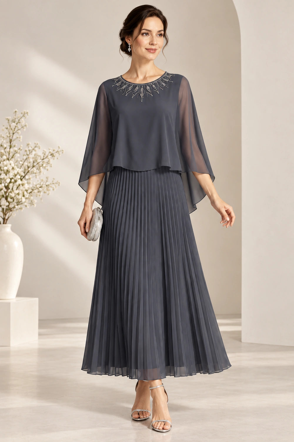 Beaded Cape Sleeve Pleated Chiffon Mother of the Bride Dress