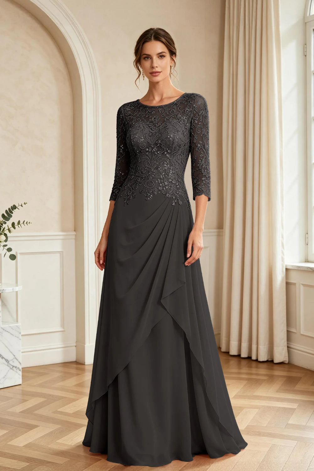 Dusty Rose Lace Bodice Three-Quarter Sleeve Draped Chiffon Floor-Length Dress