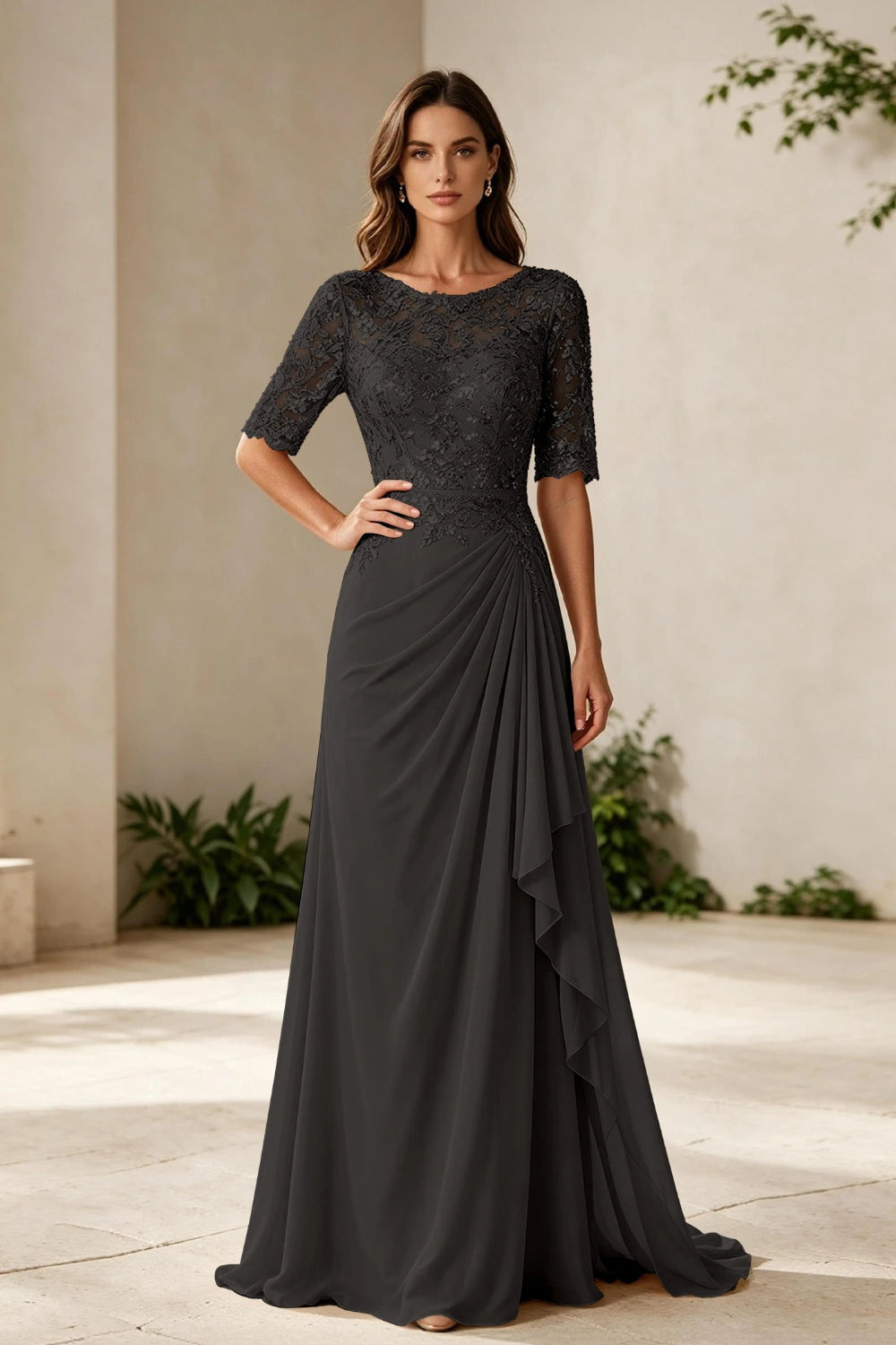 Champagne Lace Bodice Three-Quarter Sleeve Draped Side Chiffon Floor-Length Dress