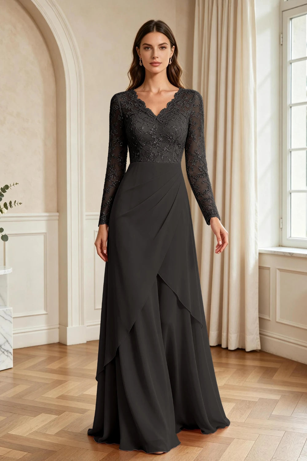 Mauve Lace Long-Sleeve Draped Ruffle Chiffon Floor-Length Dress