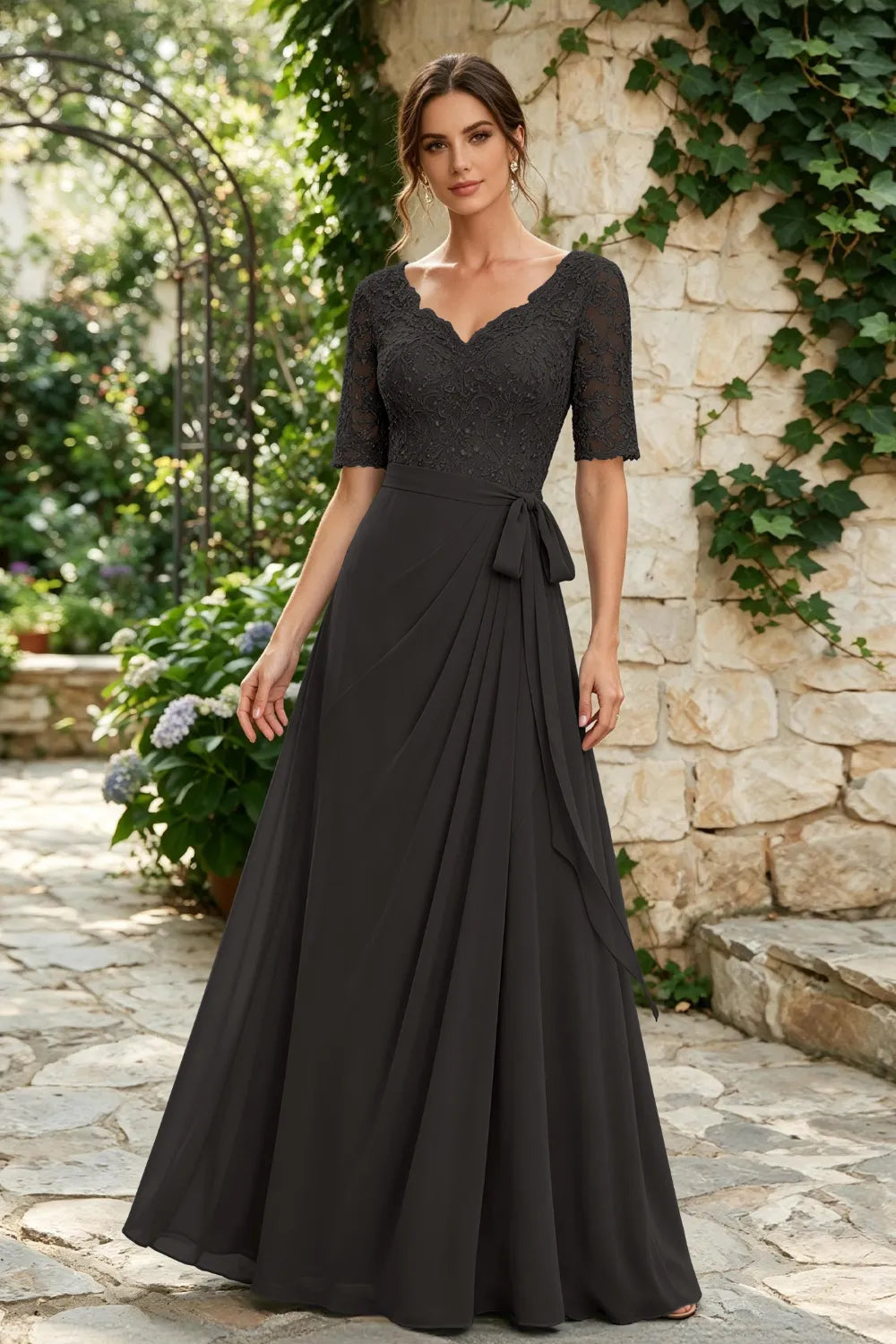Dusty Blue Lace Elbow-Sleeve Sash Chiffon Floor-Length Dress