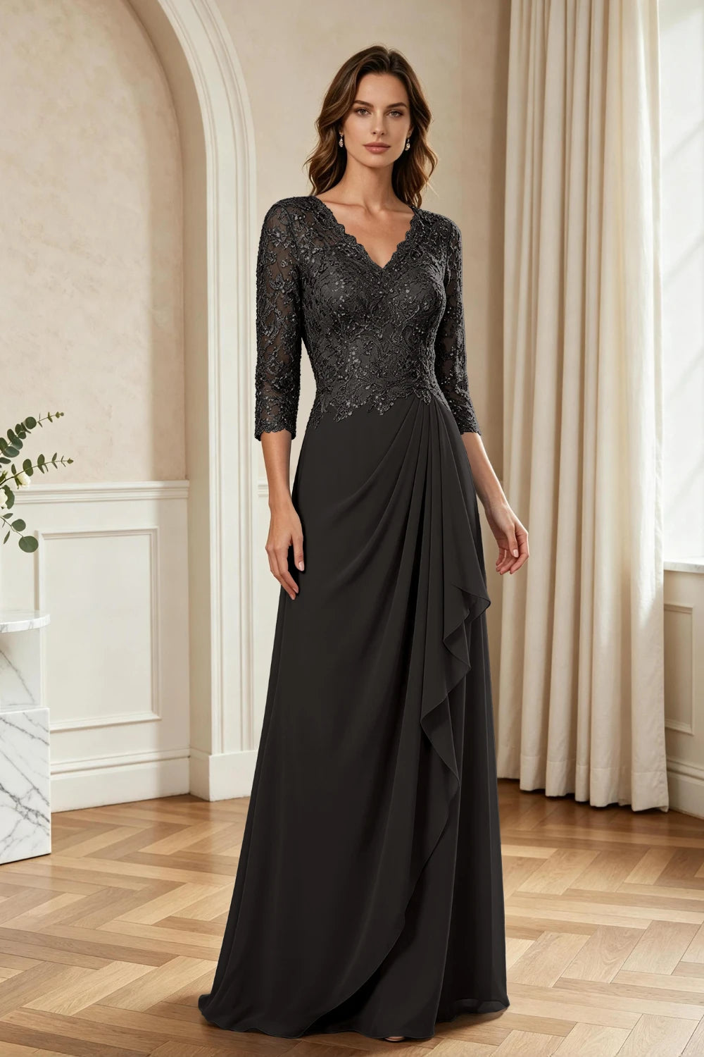 Dusty Blue Lace Three-Quarter Sleeve Draped Cascade Chiffon Floor-Length Dress