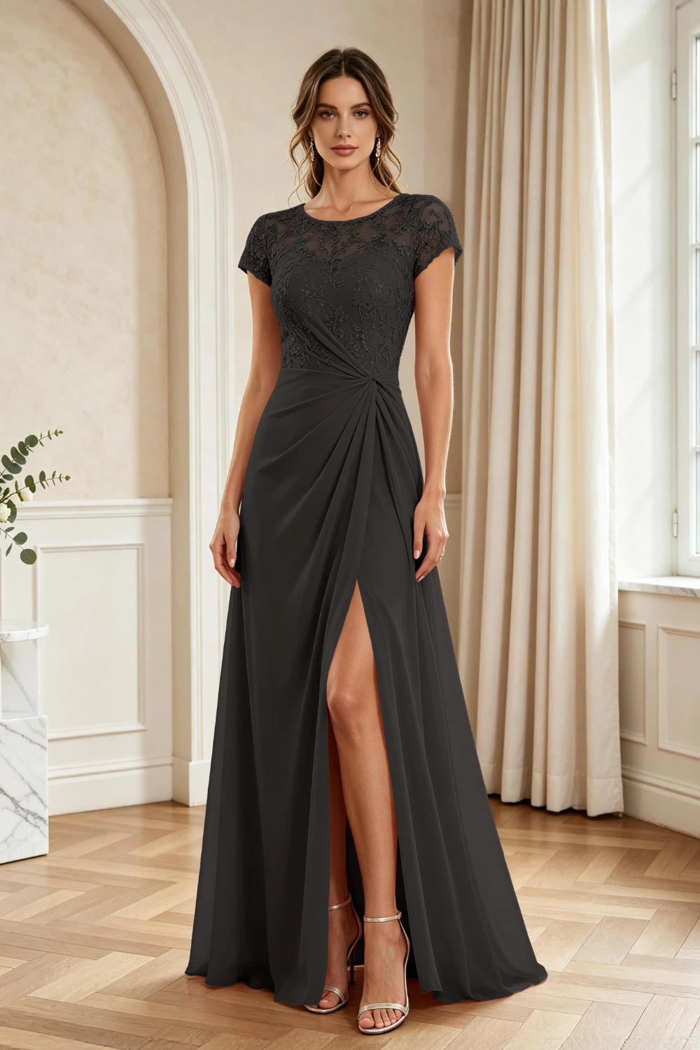 Dusty Rose Lace Cap-Sleeve Draped Chiffon Floor-Length Dress