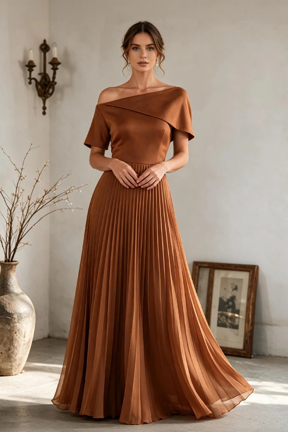 Copper Brown Off-Shoulder Draped Pleated Chiffon Floor-Length Dress