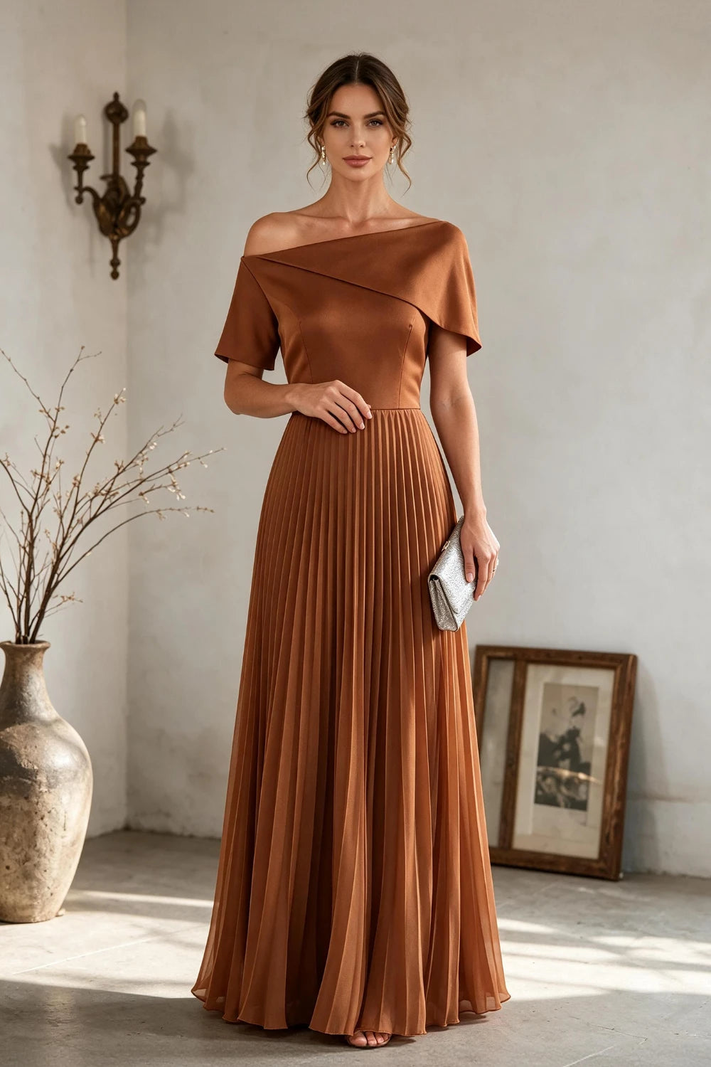 Copper Brown Off-Shoulder Draped Pleated Chiffon Floor-Length Dress