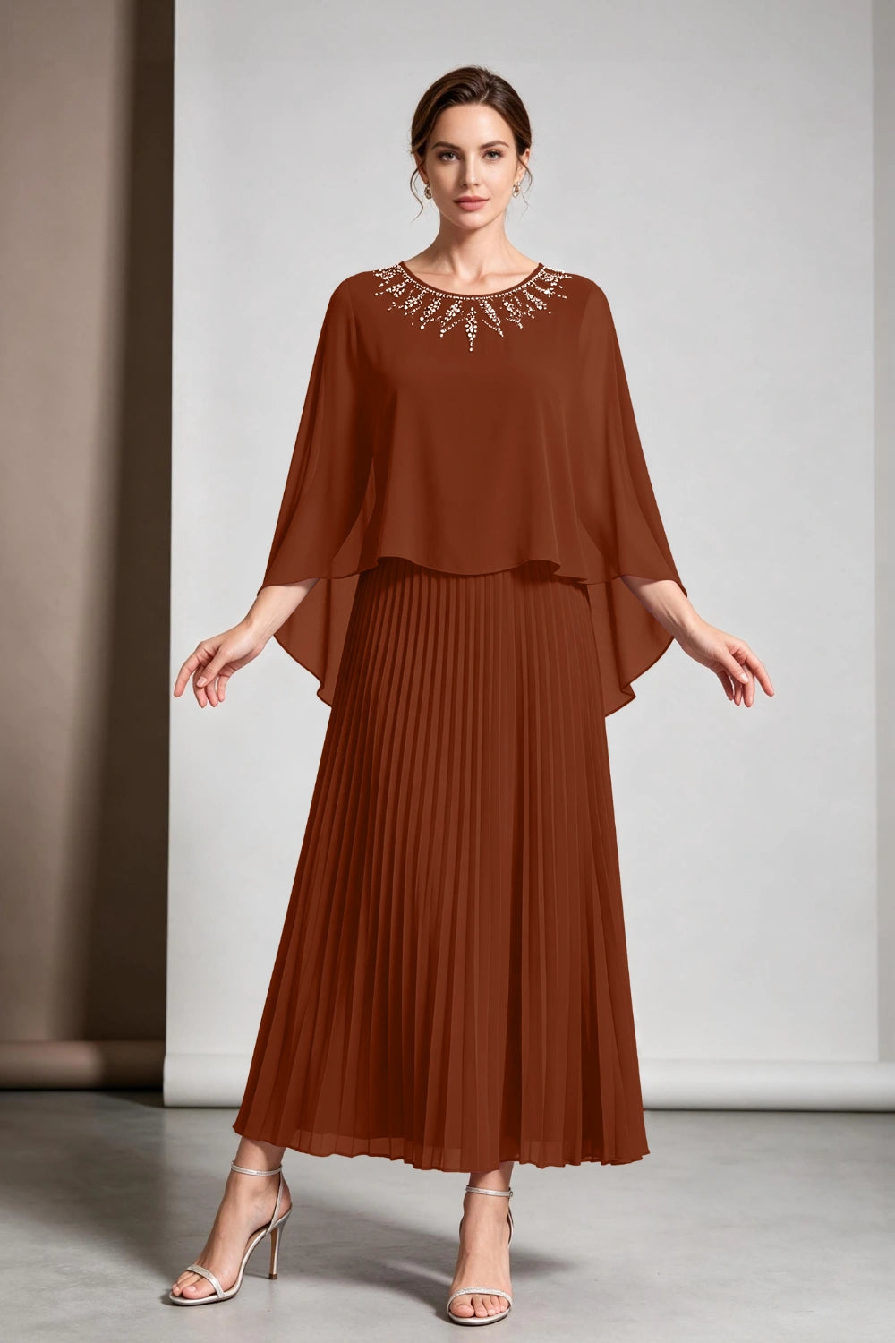 Plum Beaded Cape Sleeve Pleated Chiffon Mother of the Bride Dress