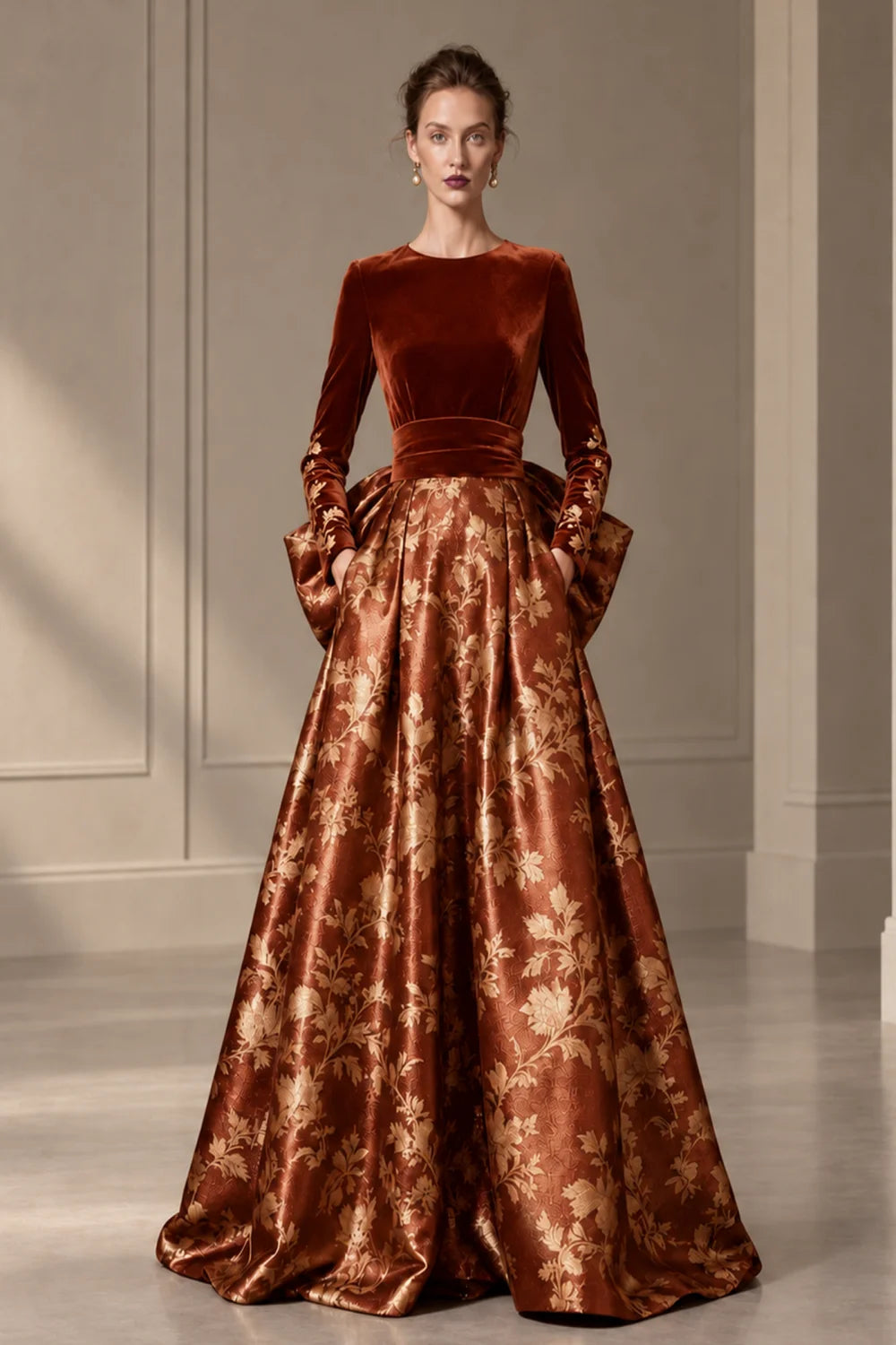 Front view of a copper brown dress with a dark bodice and a full floral skirt.
