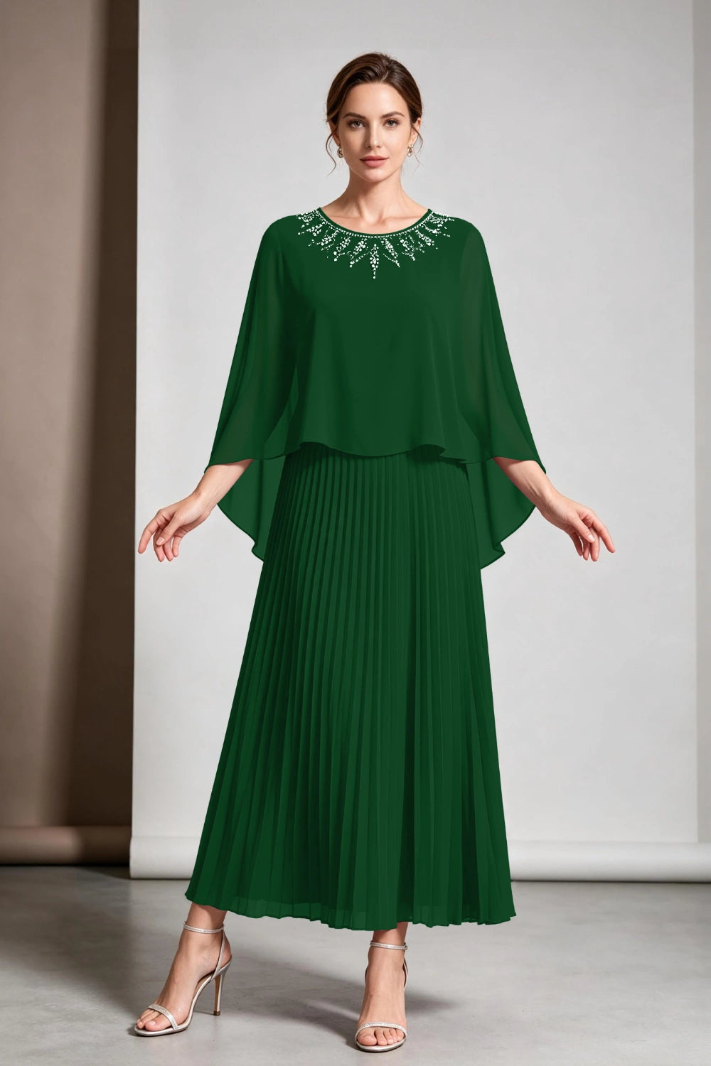 Plum Beaded Cape Sleeve Pleated Chiffon Mother of the Bride Dress