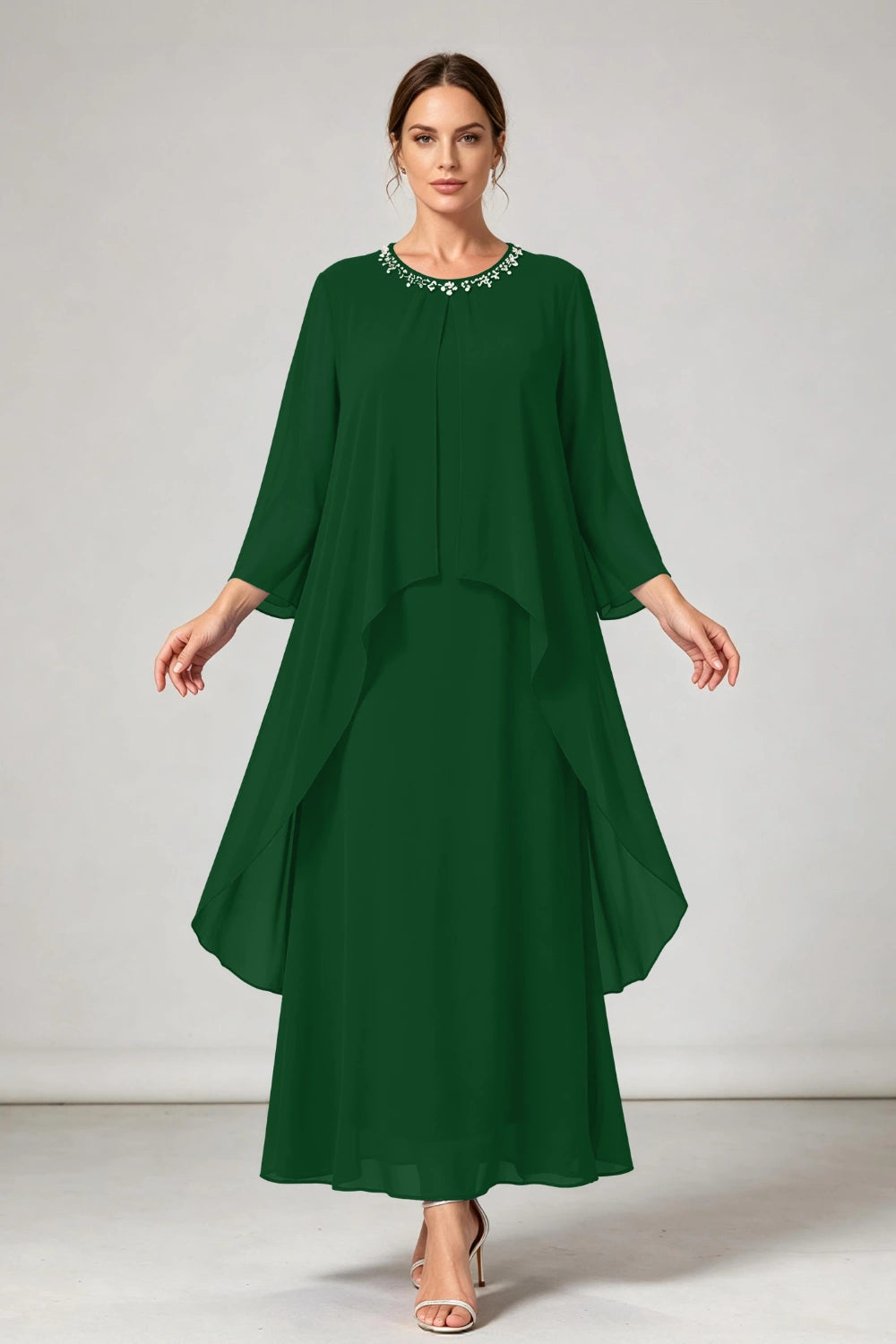 Royal Blue Beaded Neck Asymmetric Overlay Chiffon Mother of the Bride Dress