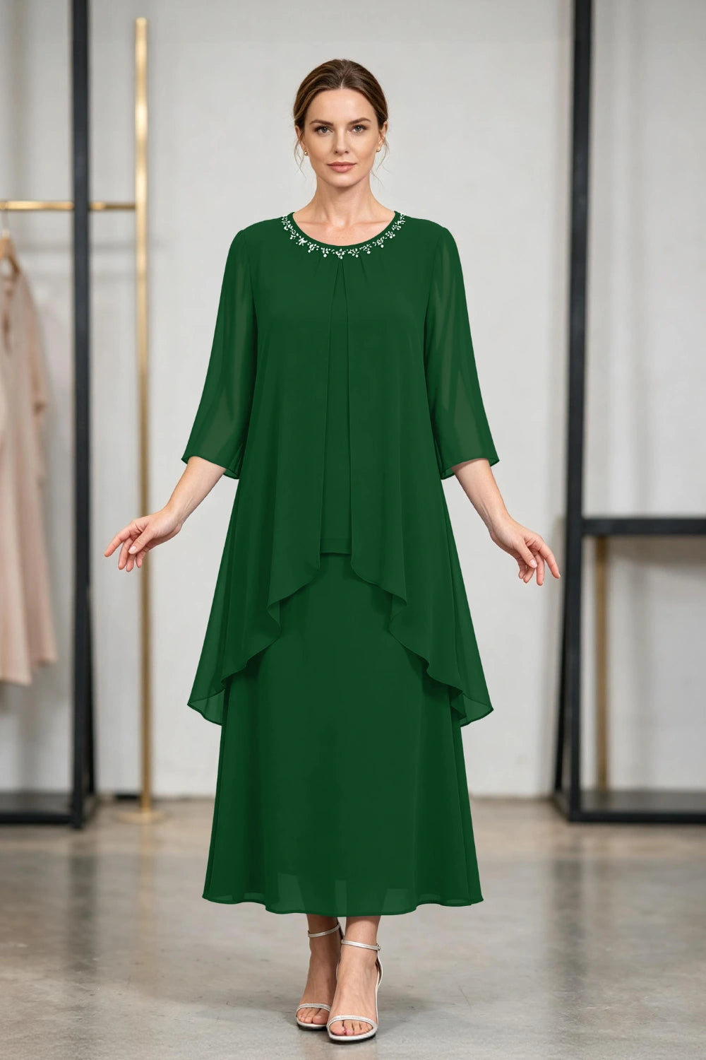 Peacock Blue Beaded Tier Chiffon Mother of the Bride Dress