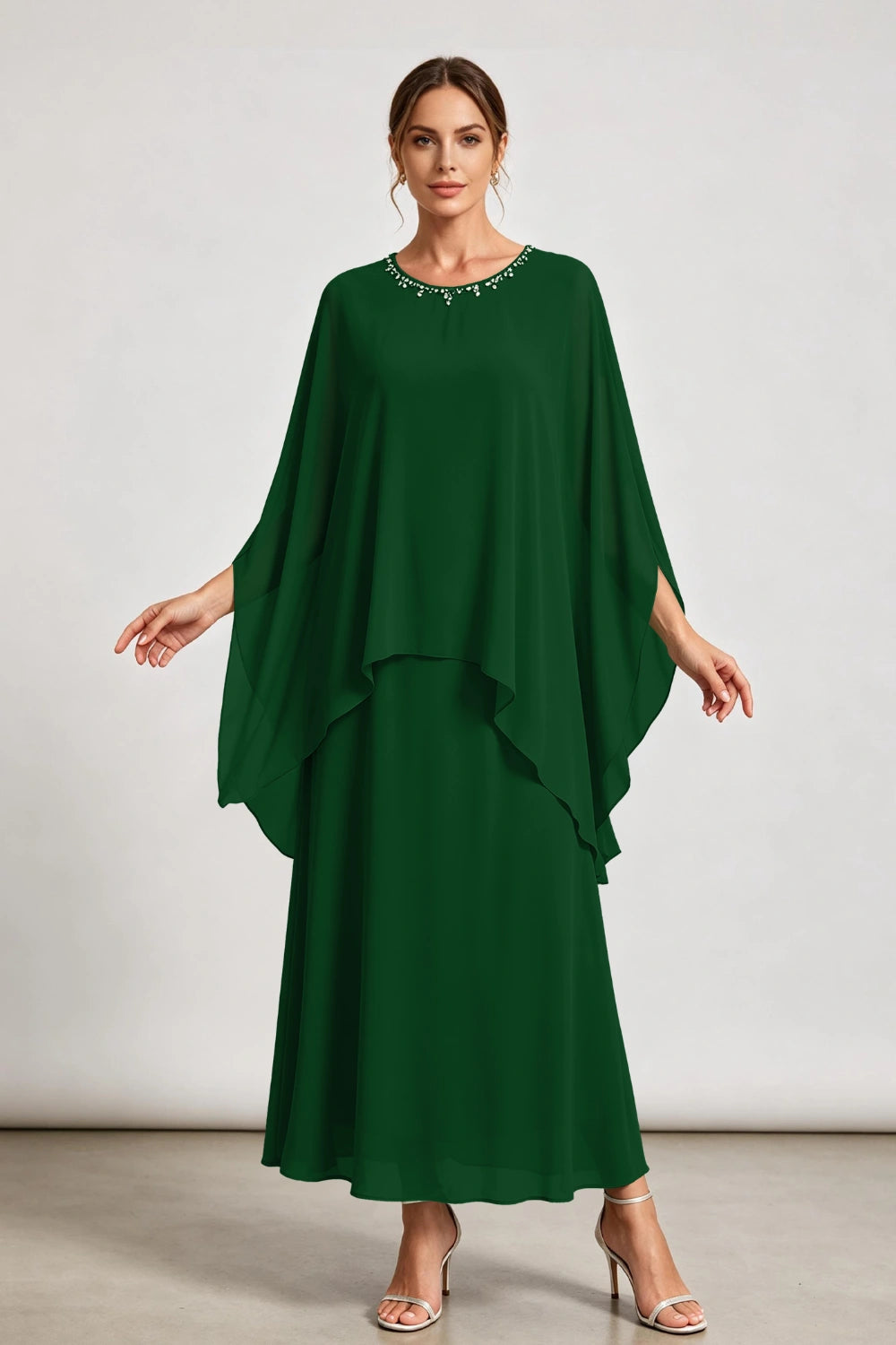 Dusty Sage Beaded Neck Draped Overlay Chiffon Mother of the Bride Dress