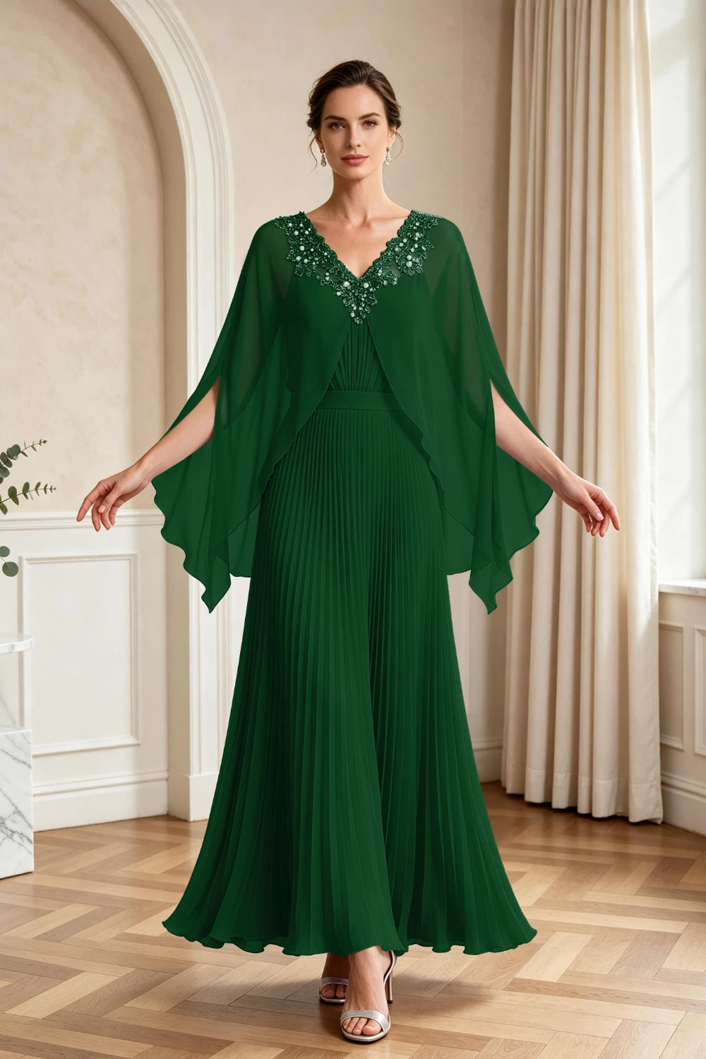 Lavender Pleated Cape Sleeve Chiffon Mother of the Bride Dress