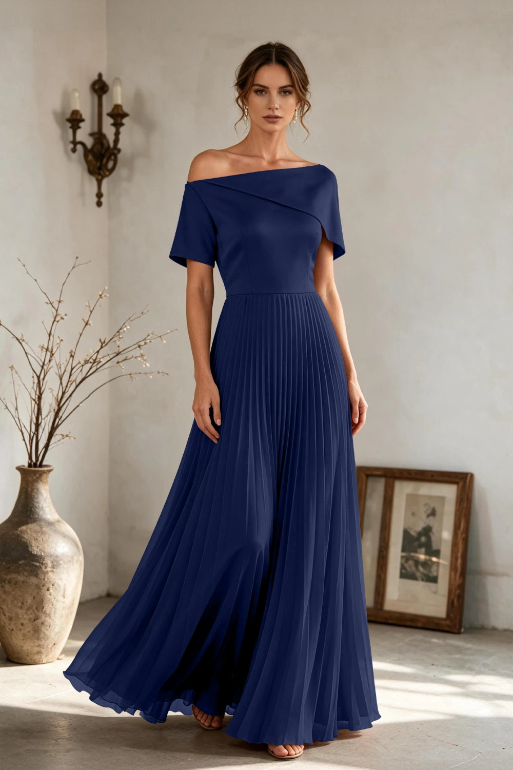 Copper Brown Off-Shoulder Draped Pleated Chiffon Floor-Length Dress