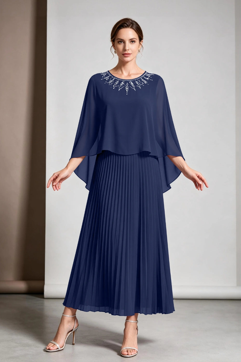 Plum Beaded Cape Sleeve Pleated Chiffon Mother of the Bride Dress