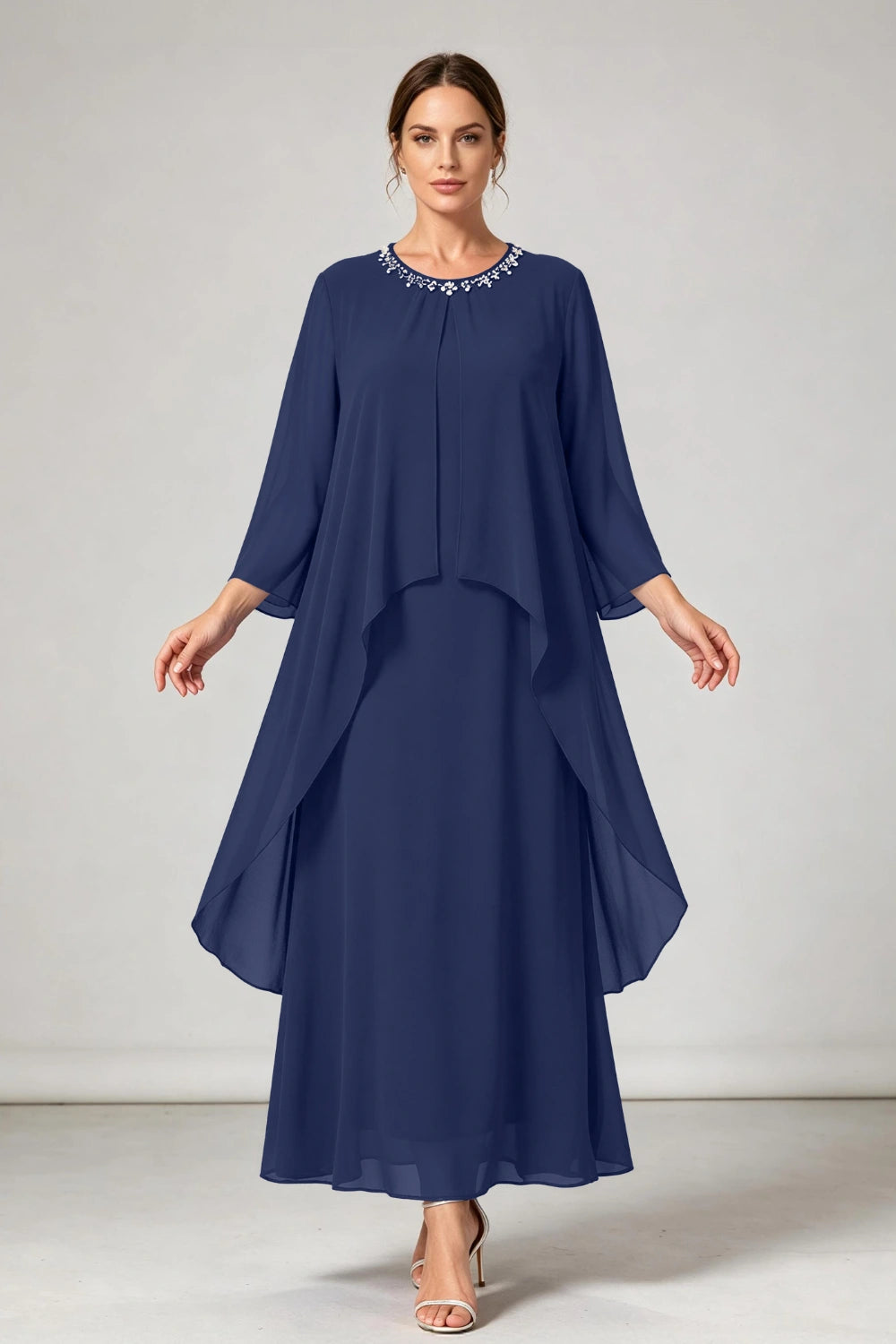 Royal Blue Beaded Neck Asymmetric Overlay Chiffon Mother of the Bride Dress
