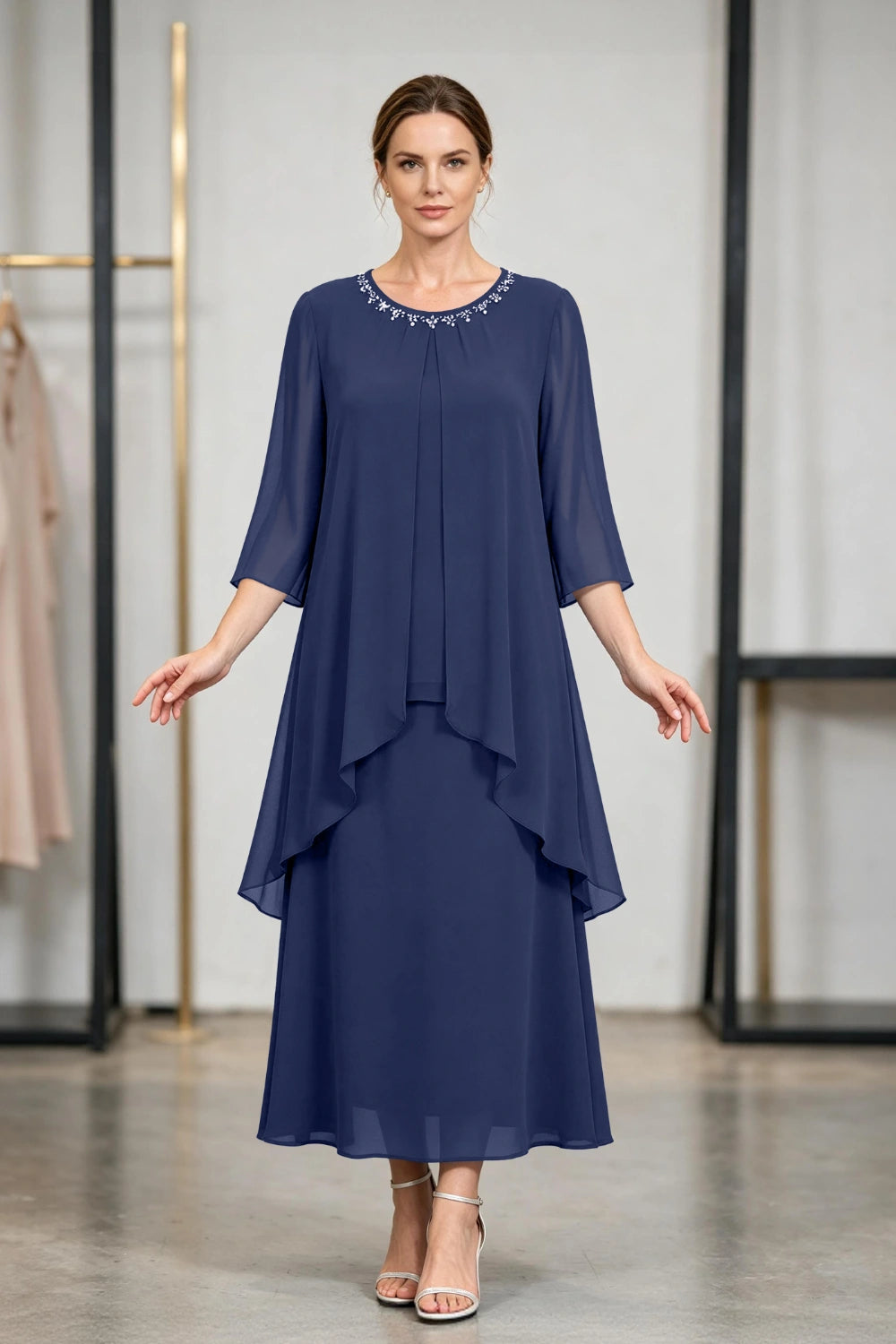 Peacock Blue Beaded Tier Chiffon Mother of the Bride Dress