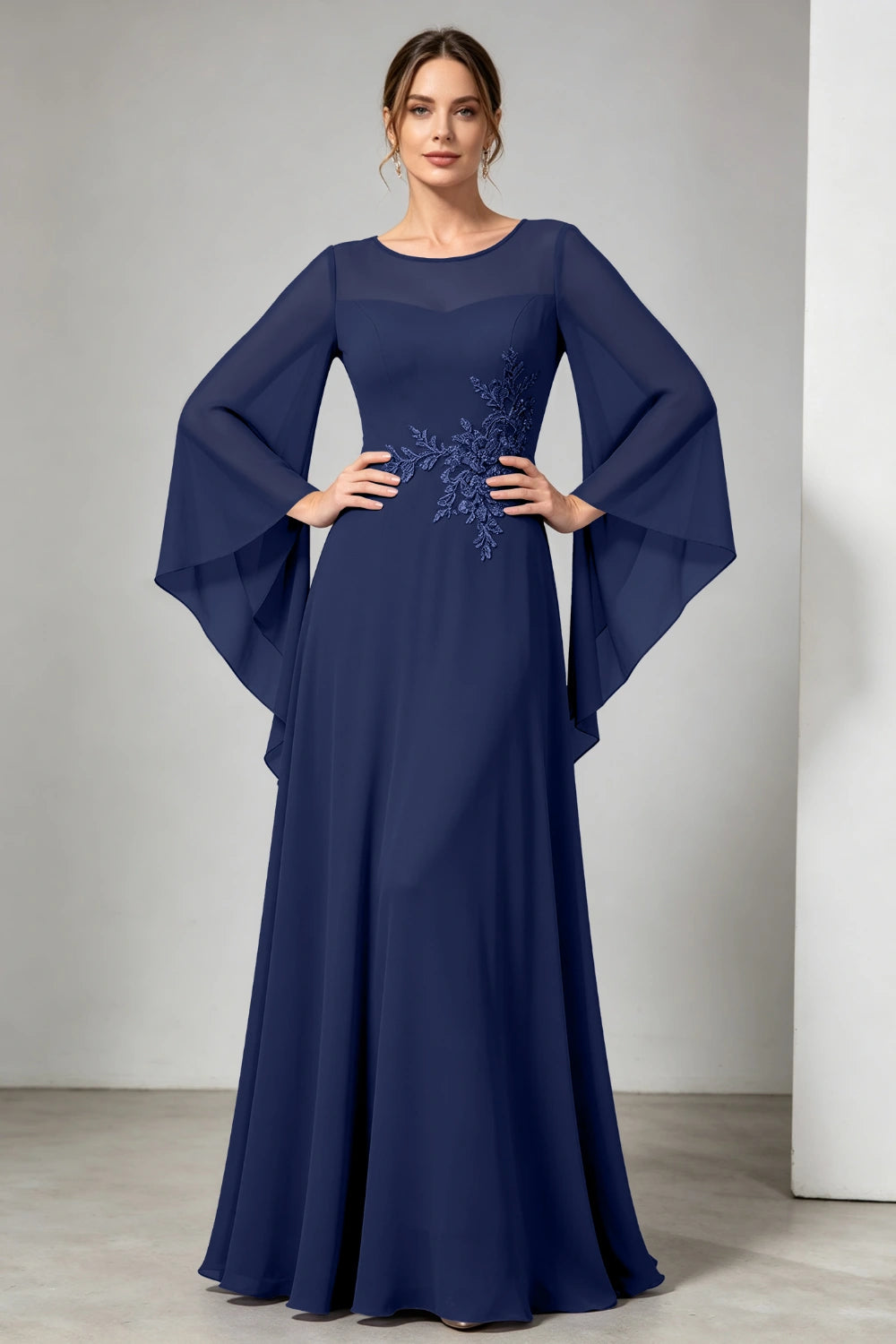 Purple Beaded Waist Sheer Yoke Long Sleeve Chiffon Mother of the Bride Dress