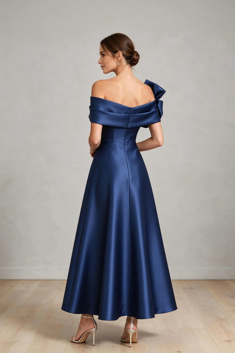 Oversized Bow Off-Shoulder Satin Midi Mother of the Bride Dress
