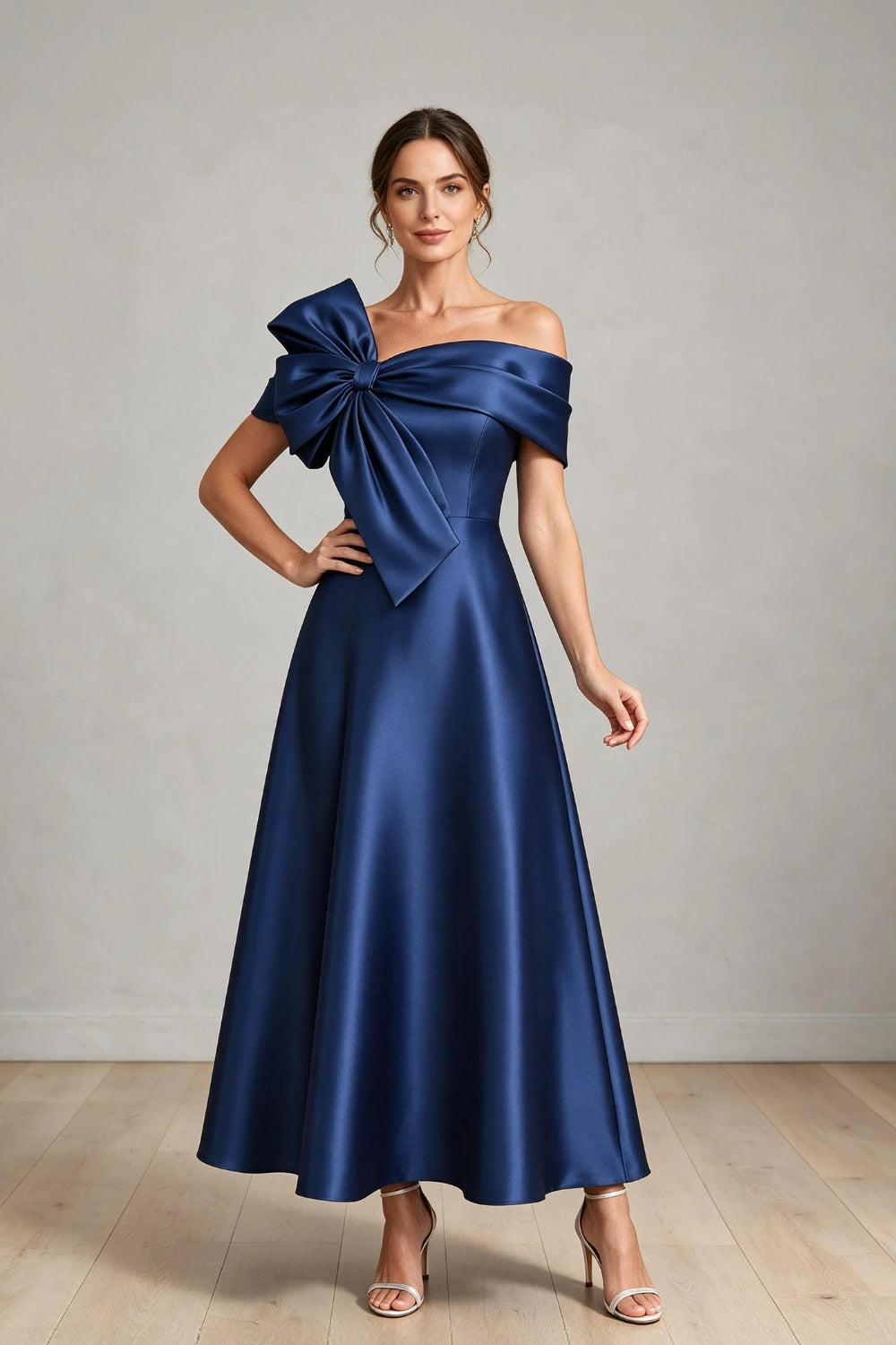 Oversized Bow Off-Shoulder Satin Midi Mother of the Bride Dress