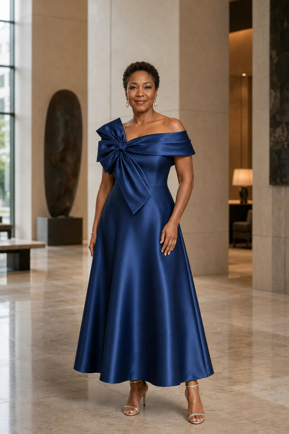 Oversized Bow Off-Shoulder Satin Midi Mother of the Bride Dress