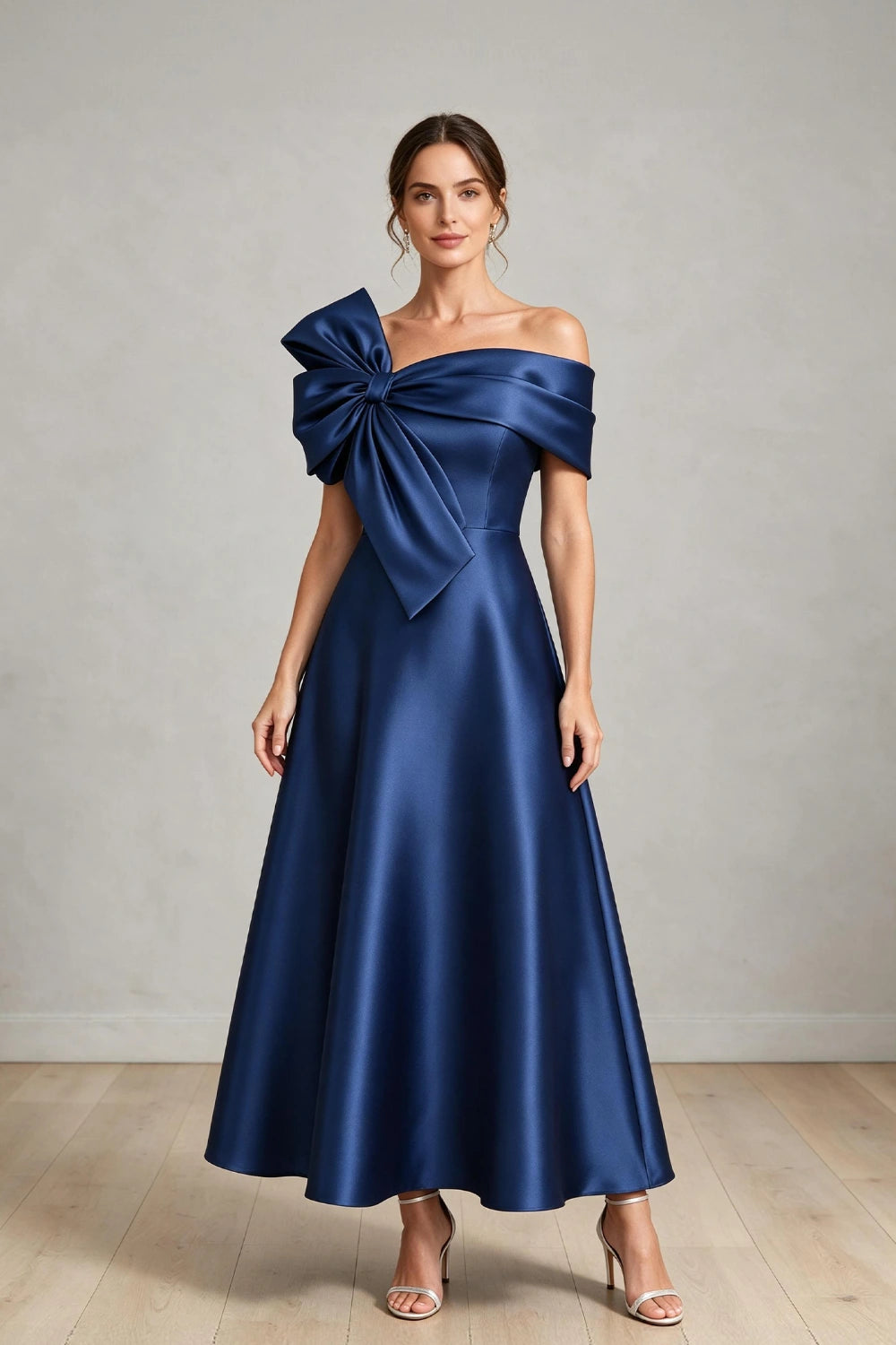 Oversized Bow Off-Shoulder Satin Midi Mother of the Bride Dress