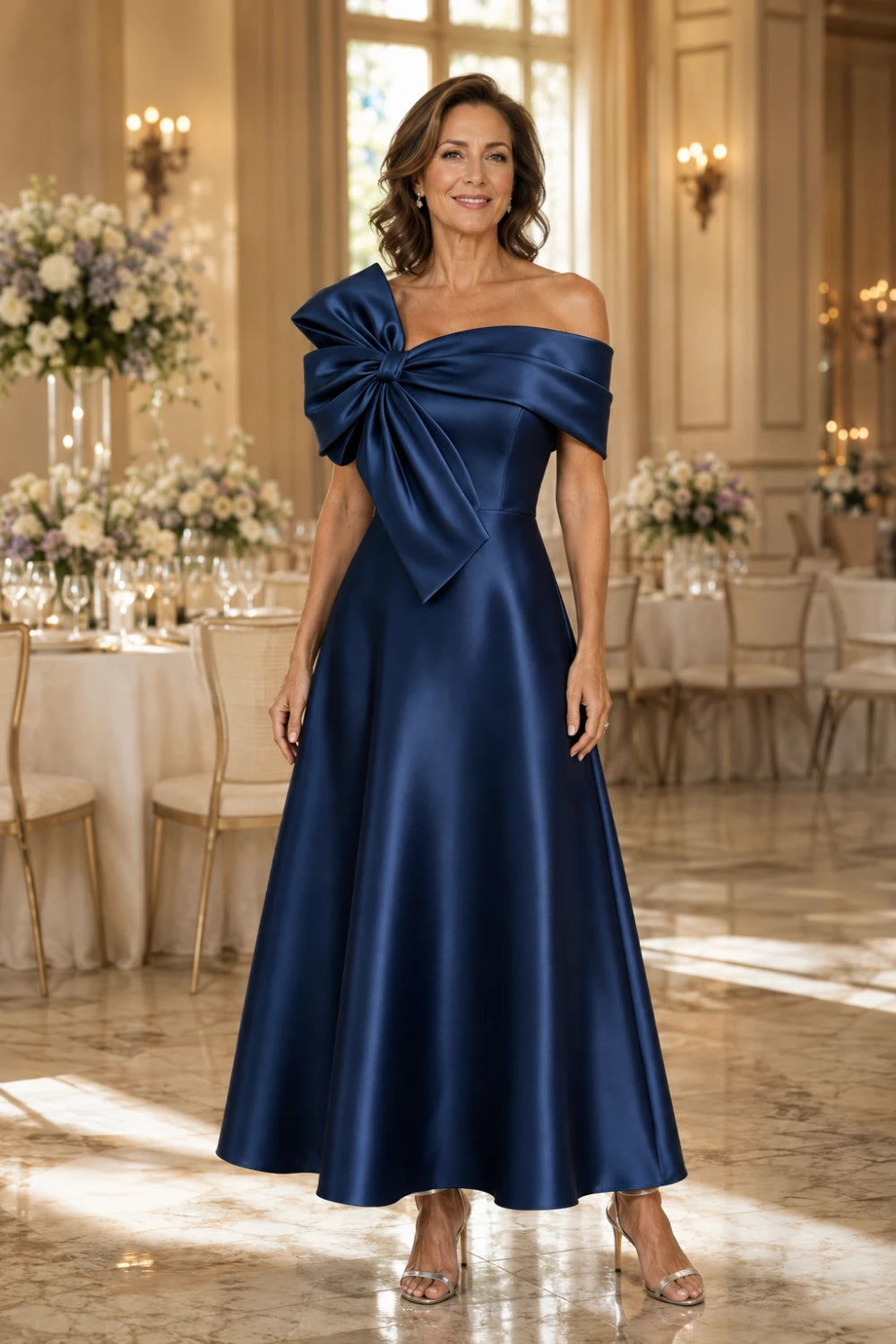 Oversized Bow Off-Shoulder Satin Midi Mother of the Bride Dress