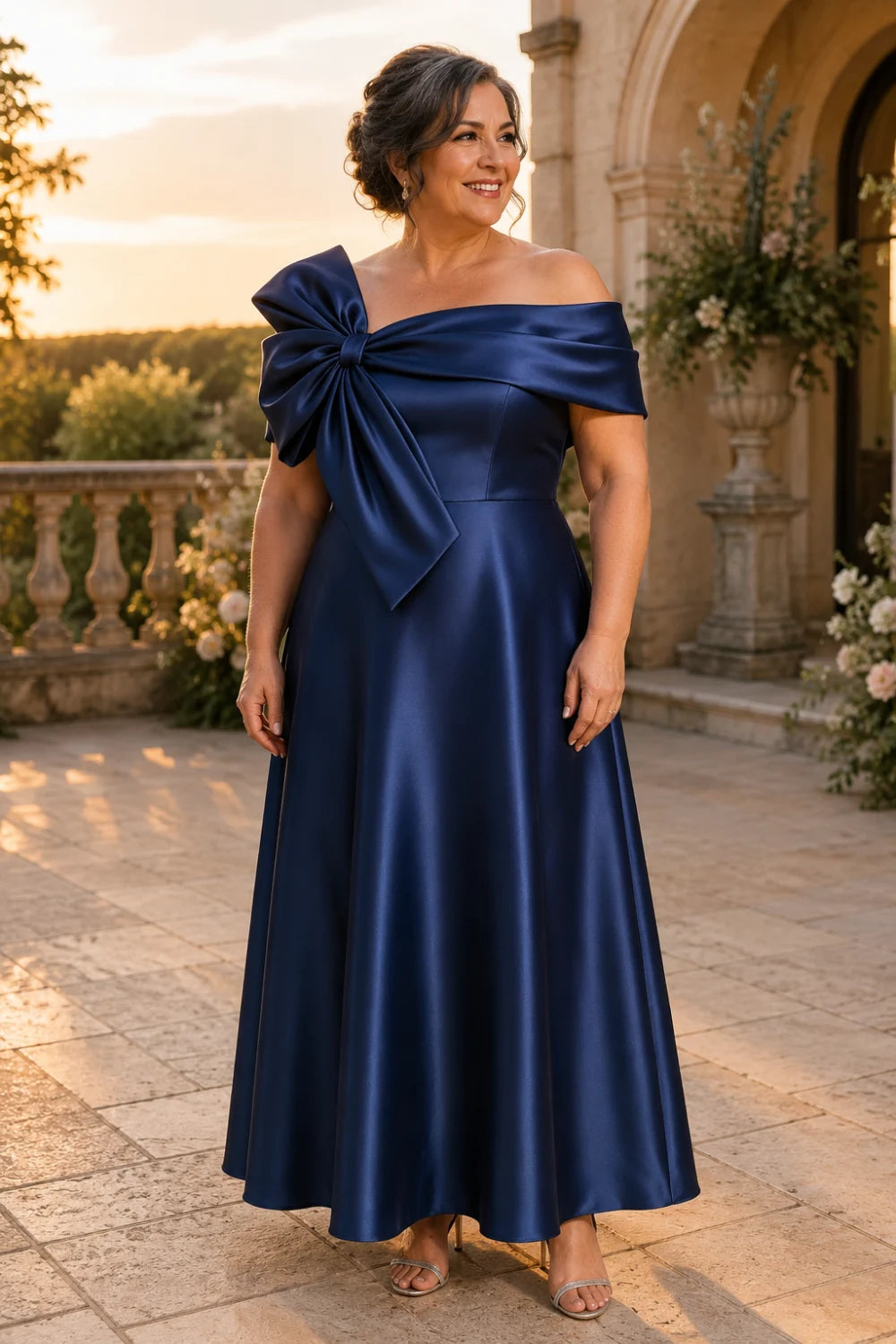 Oversized Bow Off-Shoulder Satin Midi Mother of the Bride Dress