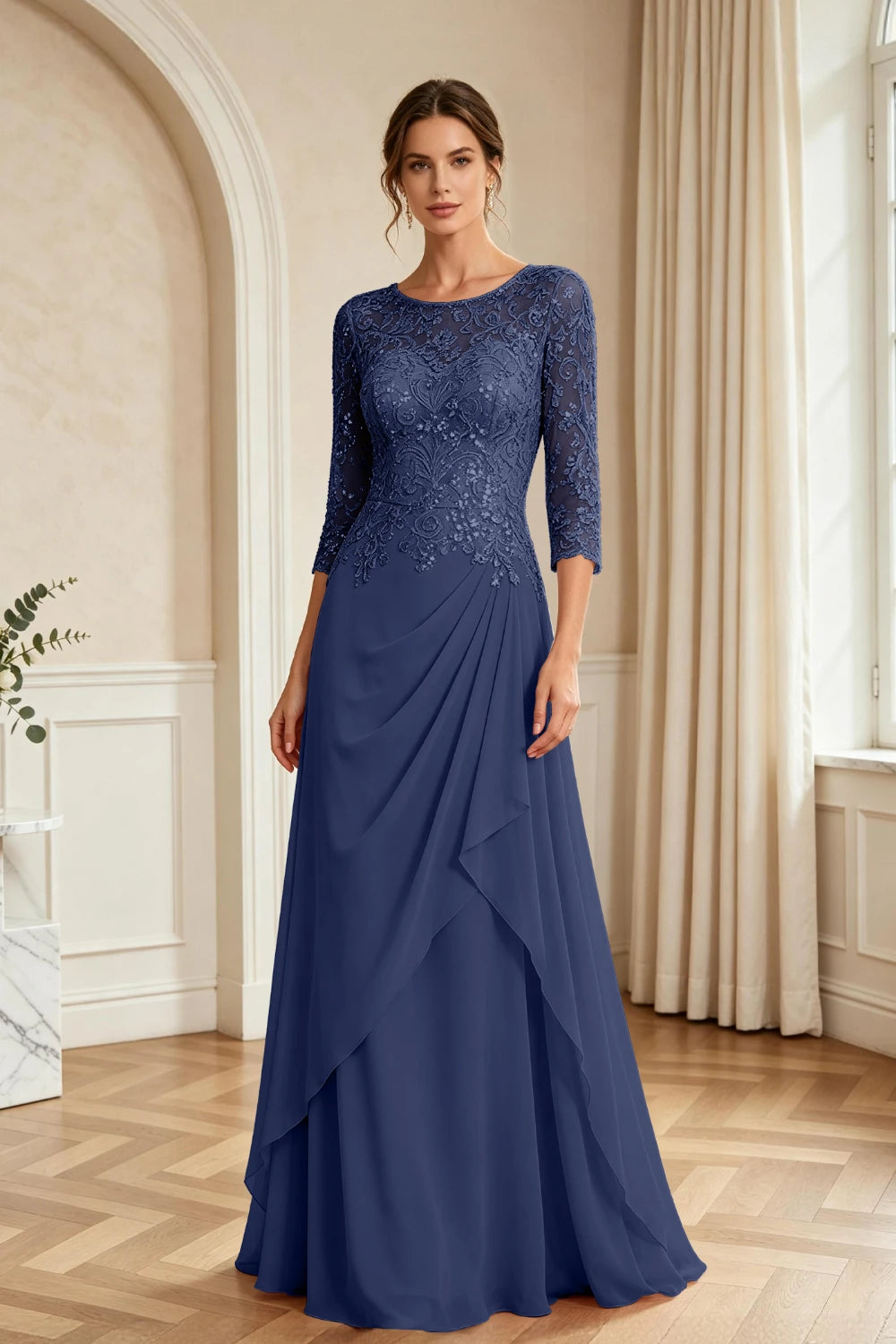 Dusty Rose Lace Bodice Three-Quarter Sleeve Draped Chiffon Floor-Length Dress