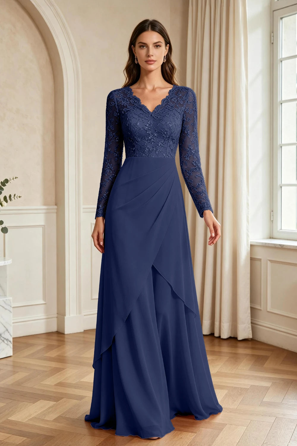 Mauve Lace Long-Sleeve Draped Ruffle Chiffon Floor-Length Dress