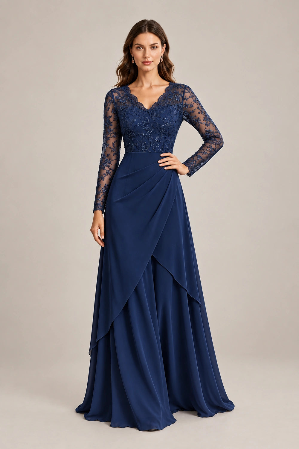 Lace Long-Sleeve Draped Ruffle Chiffon Floor-Length Dress