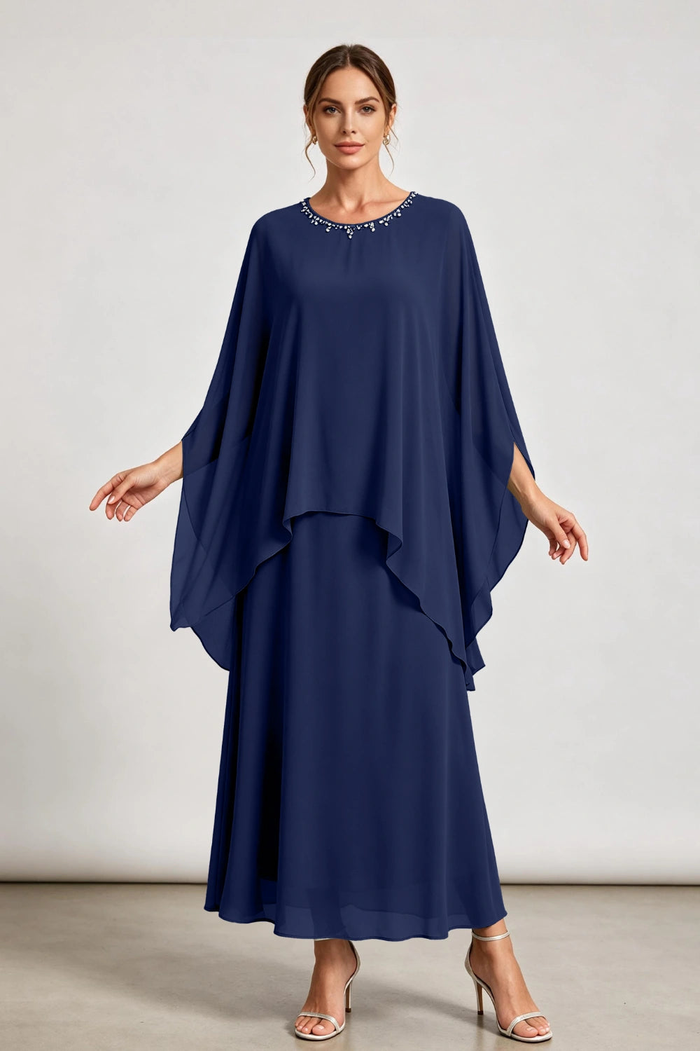Dusty Sage Beaded Neck Draped Overlay Chiffon Mother of the Bride Dress
