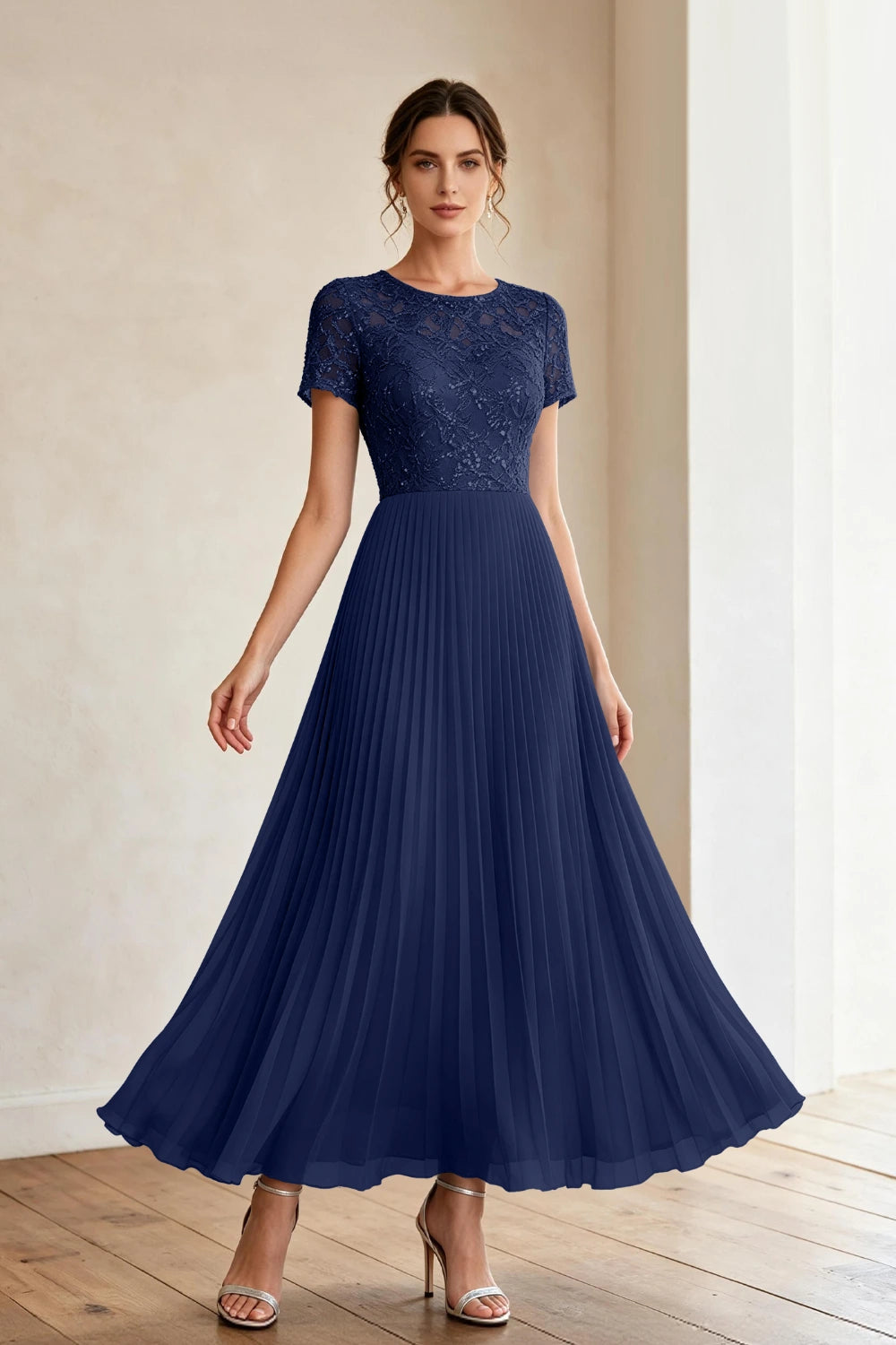 Dusty Blue Lace Short Sleeve Pleated Chiffon Tea-Length Dress