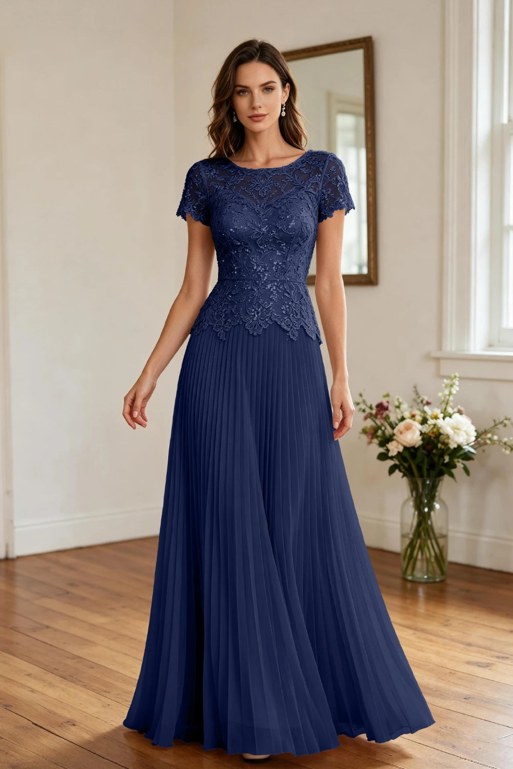 Champagne Lace Short Sleeve Pleated Chiffon Floor-Length Dress