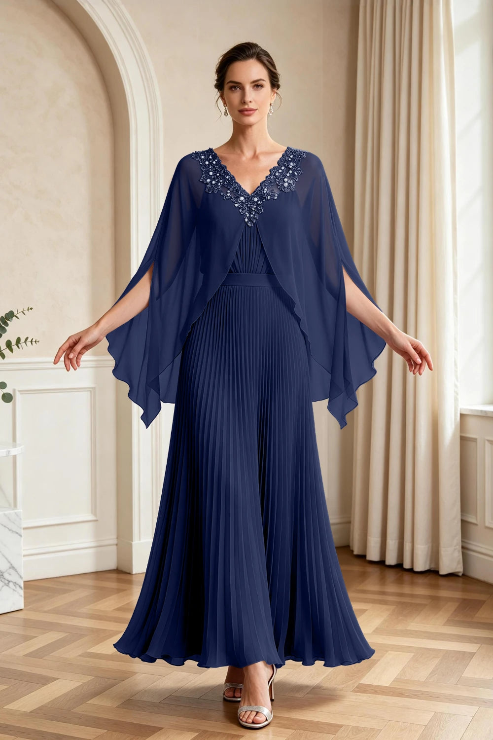Lavender Pleated Cape Sleeve Chiffon Mother of the Bride Dress