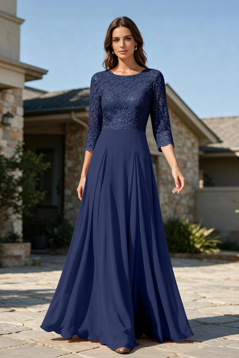Dusty Rose Lace Three-Quarter Sleeve Pleated Chiffon Floor-Length Dress