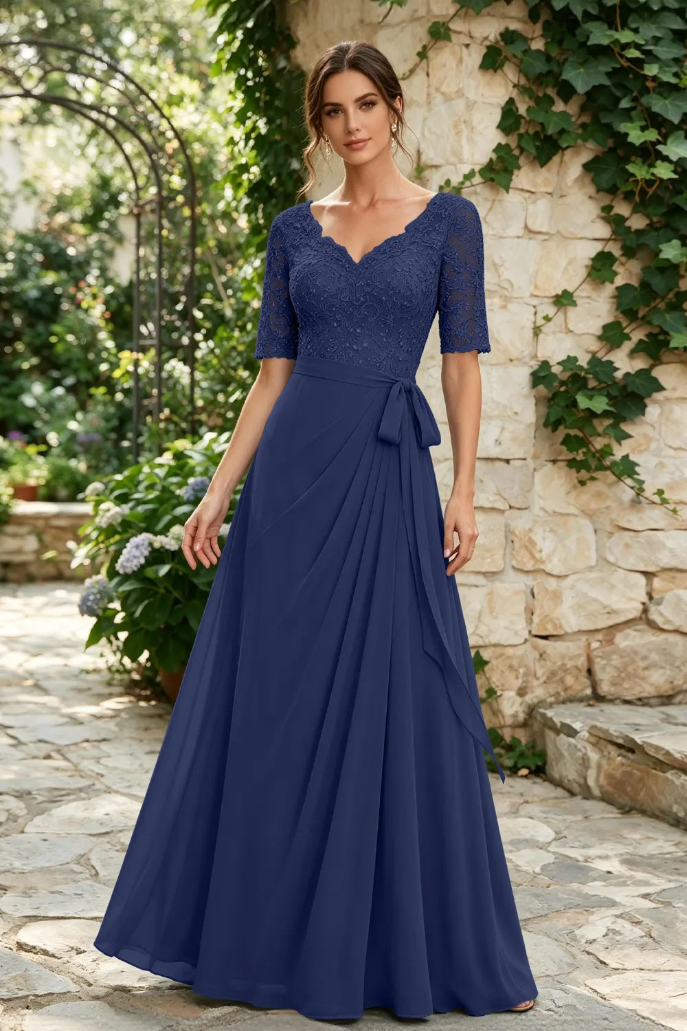Dusty Blue Lace Elbow-Sleeve Sash Chiffon Floor-Length Dress