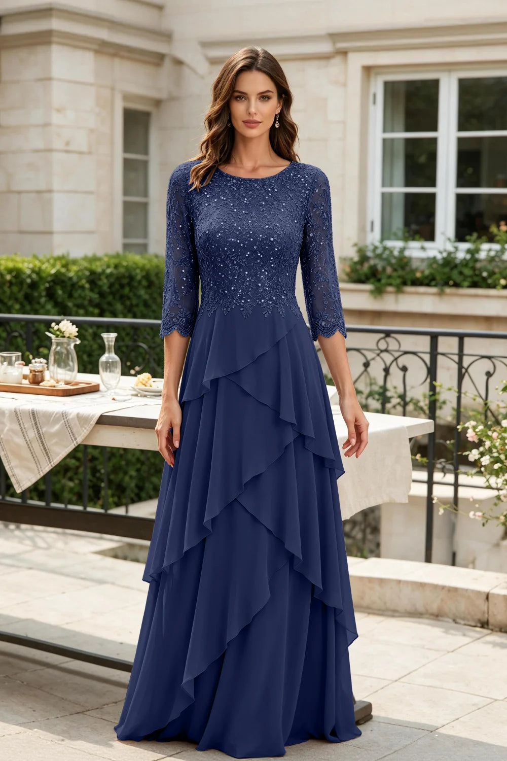 Gray Sequin Lace Bodice Three-Quarter Sleeve Tiered Ruffle Chiffon Floor-Length Dress