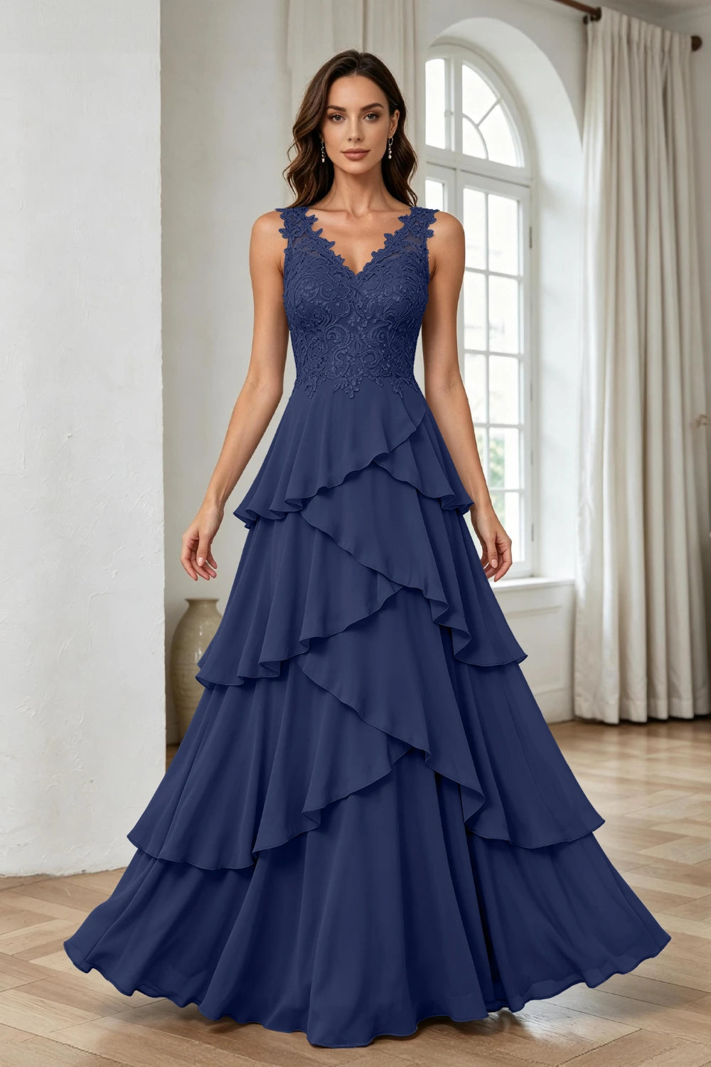 Silver Gray Lace Sleeveless Tiered Chiffon Floor-Length Dress