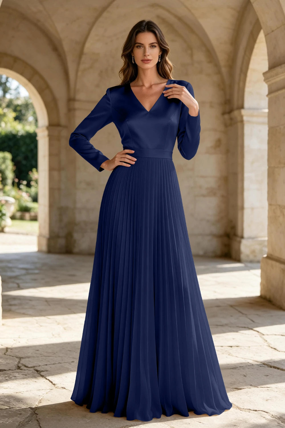 Champagne Satin Long Sleeve Knife-Pleated Chiffon Floor-Length Dress
