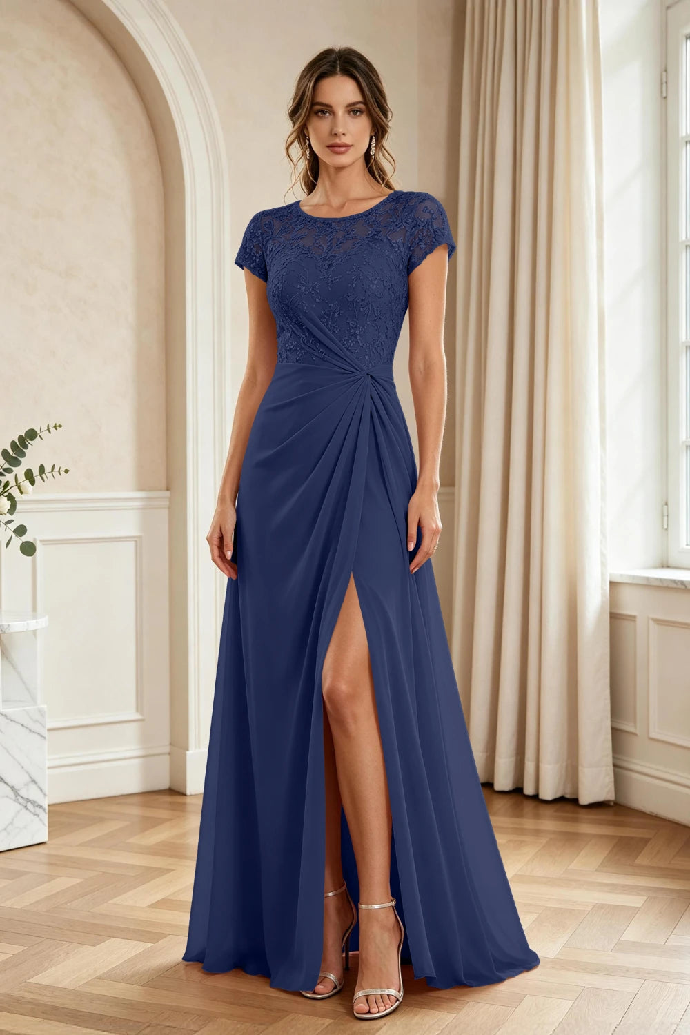 Dusty Rose Lace Cap-Sleeve Draped Chiffon Floor-Length Dress