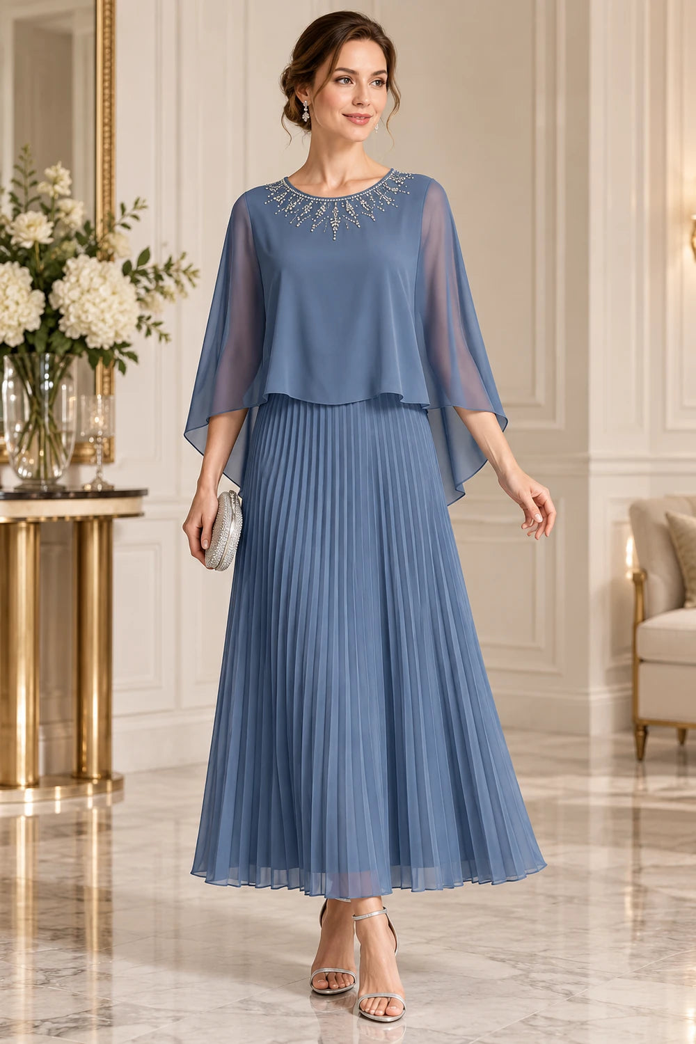 Beaded Cape Sleeve Pleated Chiffon Mother of the Bride Dress