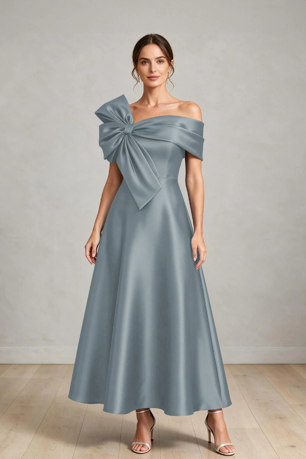 Oversized Bow Off-Shoulder Satin Midi Mother of the Bride Dress