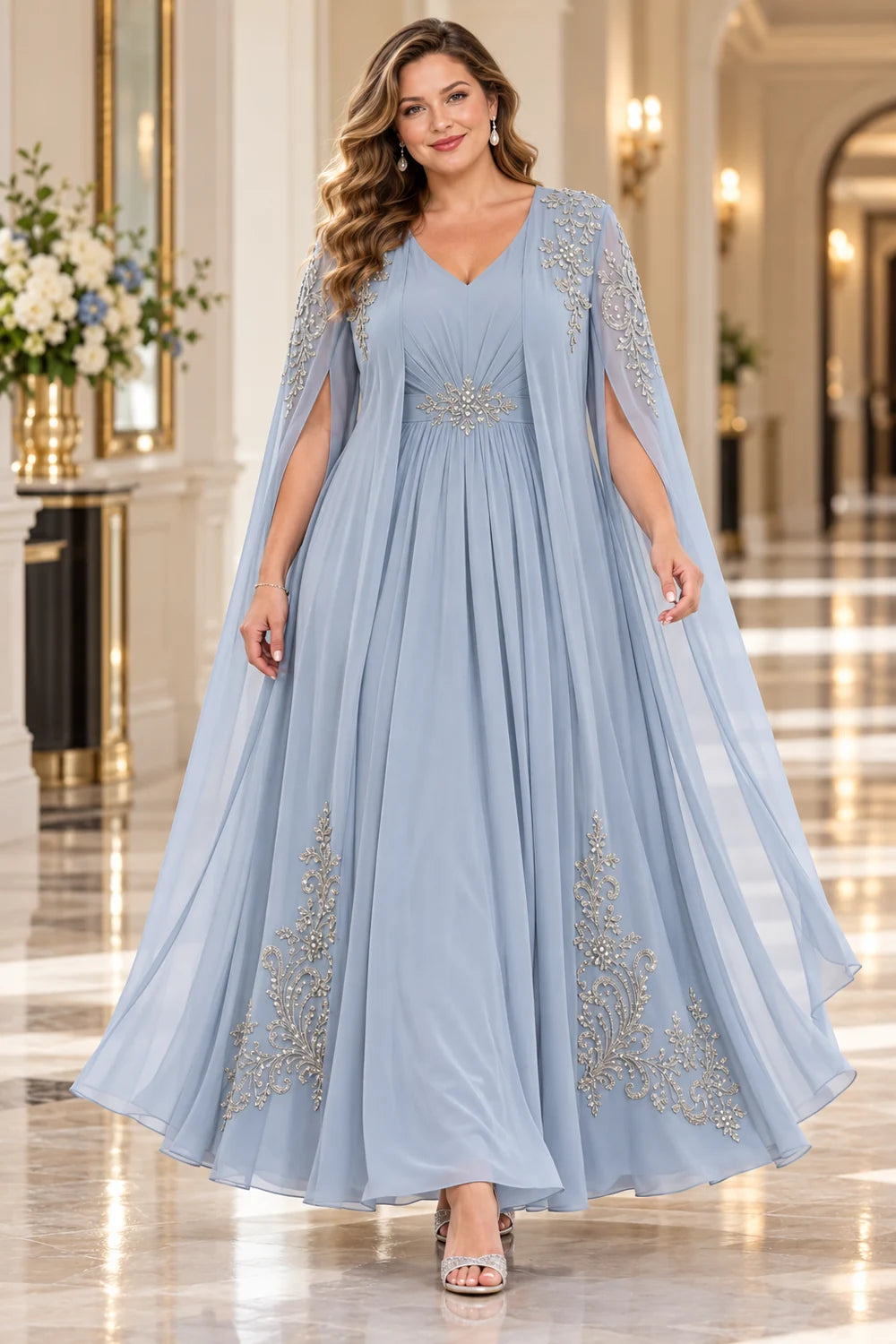 Dusty Blue Embellished Cape Ankle-Length Mother of the Bride Dress