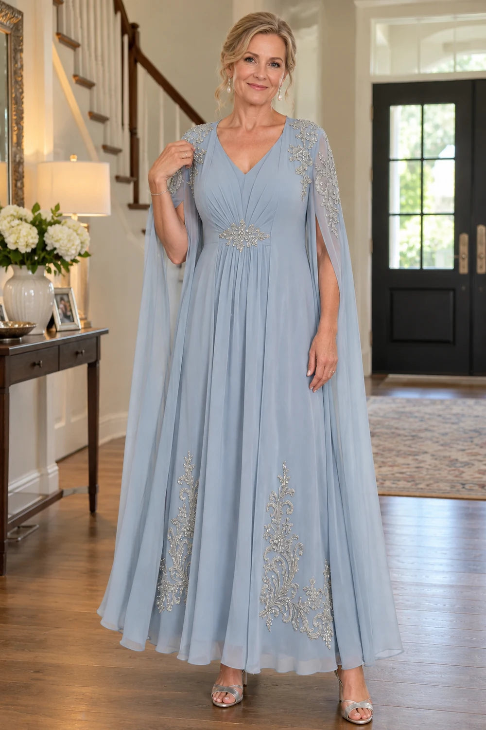 Dusty Blue Embellished Cape Ankle-Length Mother of the Bride Dress