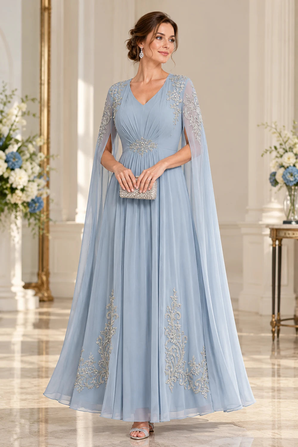 Dusty Blue Embellished Cape Ankle-Length Mother of the Bride Dress