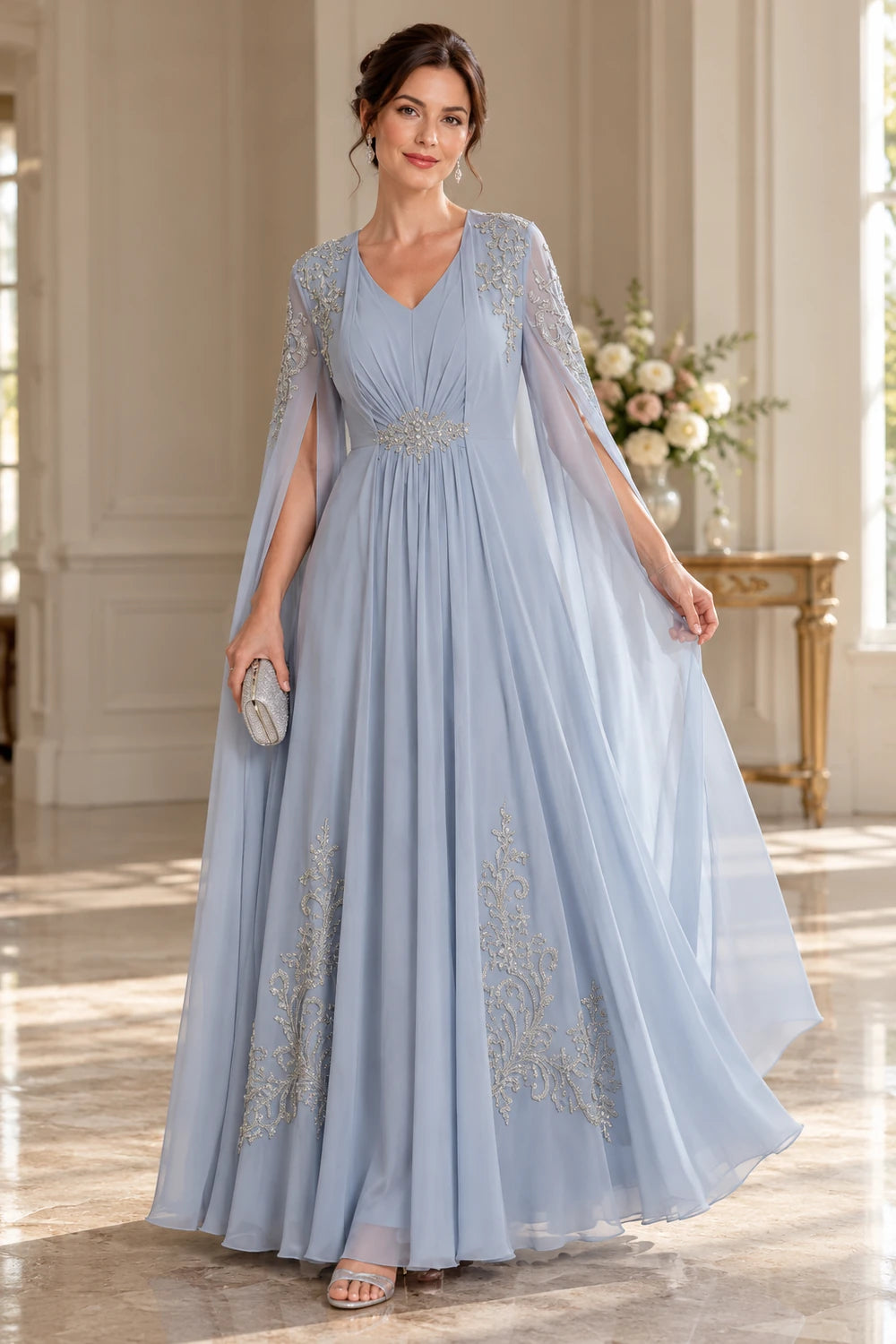 Dusty Blue Embellished Cape Ankle-Length Mother of the Bride Dress