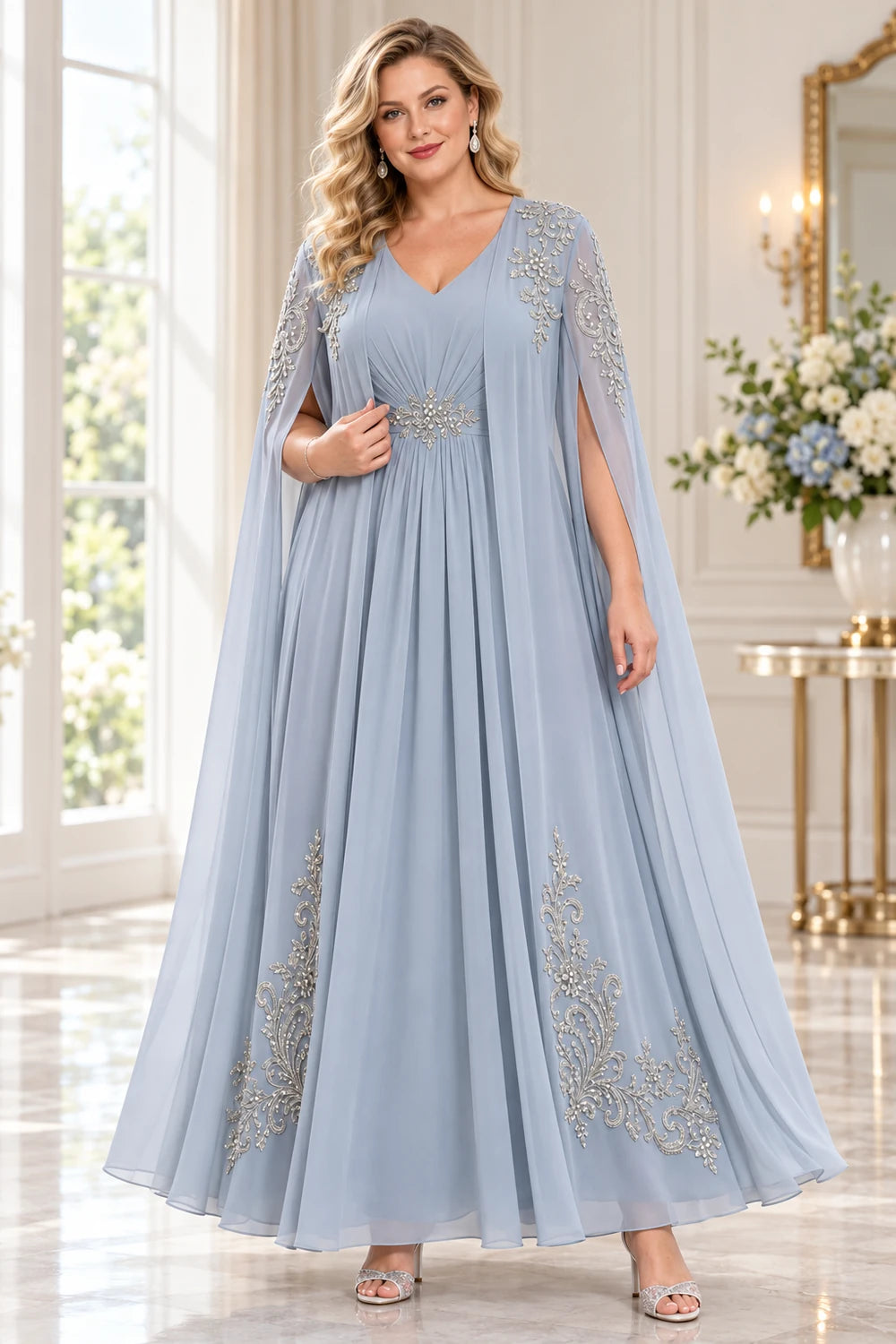 Dusty Blue Embellished Cape Ankle-Length Mother of the Bride Dress